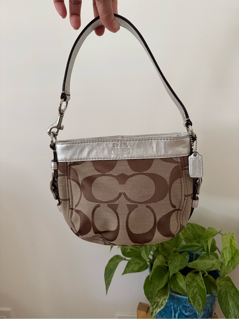 Coach Brown Signature Canvas Shoulder Bag with Silver Trim